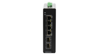 BDCOM IS200-2S4P industrial switch: 4 Gigabit PoE+ ports, 2 SFP ports, managed, metal housing, DIN-Rail mount for reliable network connectivity.