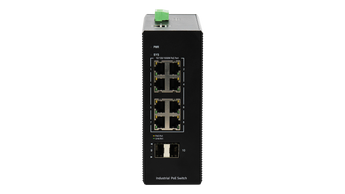 BDCOM IS200-2S8P: 8-port Gigabit PoE+ industrial switch with 2 SFP ports. Rugged design for harsh environments, managed for network control.