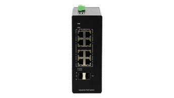 BDCOM IS200-2S8P: 8-port Gigabit PoE+ industrial switch with 2 SFP ports. Rugged design for harsh environments, managed for network control.
