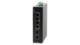 BDCOM IS200-2S4P industrial switch: 4 Gigabit PoE+ ports, 2 SFP ports, managed, metal housing, DIN-Rail mount for reliable network connectivity.