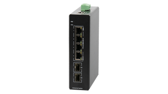 BDCOM IS200-2S4P industrial switch: 4 Gigabit PoE+ ports, 2 SFP ports, managed, metal housing, DIN-Rail mount for reliable network connectivity.