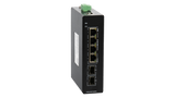 BDCOM IS200-2S4P industrial switch: 4 Gigabit PoE+ ports, 2 SFP ports, managed, metal housing, DIN-Rail mount for reliable network connectivity.