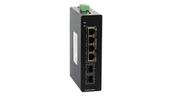 BDCOM IS200-2S4P industrial switch: 4 Gigabit PoE+ ports, 2 SFP ports, managed, metal housing, DIN-Rail mount for reliable network connectivity.