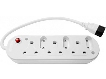 Acconet 6 way multiplug with three 16A 3-prong sockets and three 5A 2-prong sockets for versatile power distribution.