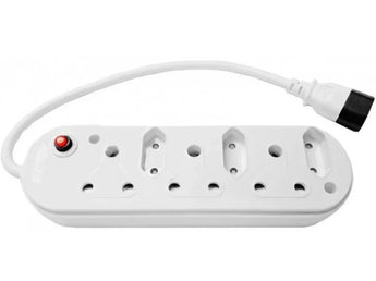 Acconet 6 way multiplug with three 16A 3-prong sockets and three 5A 2-prong sockets for versatile power distribution.