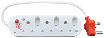Acconet 6-way multiplug with 3x 16A South African and 3x 5A 2-pin sockets for versatile power distribution.
