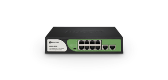 BDCOM S1500-8P2G: 8-Port Gigabit PoE switch with 2 Gigabit RJ45 uplink ports. Unmanaged, with 90W PoE budget for powering devices.