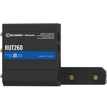Teltonika RUT260 Industrial LTE CAT 6 Router featuring dual Ethernet ports, Wi-Fi antennas, and rugged metal enclosure for IoT applications.