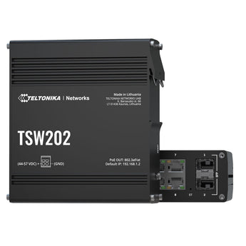 Teltonika TSW202, an 8-port industrial managed PoE+ switch. Rugged design for reliable Ethernet network connectivity and power.