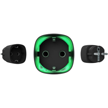Black AJAX Security smart plug showing energy consumption monitoring. Wireless home automation for security and efficiency.