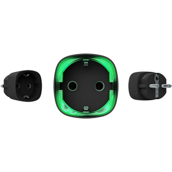 Black AJAX Security smart plug showing energy consumption monitoring. Wireless home automation for security and efficiency.