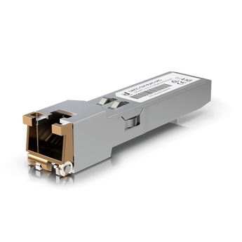Ubiquiti UB-UF-RJ45-MG: A silver SFP+ to RJ45 adapter enabling 10/5/2.5GbE connections for high-speed networking.