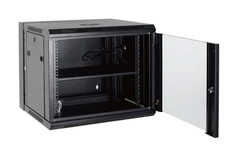 Acconet 12U unassembled wall mount swing box, 450mm depth. Provides organized rack space for network equipment. Steel construction, black finish.