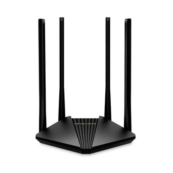 Mercusys AC1200 MRC-MR30G: A black dual-band WiFi gigabit router with four external antennas for enhanced wireless coverage.