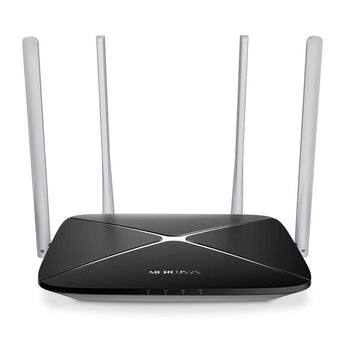 Mercusys AC1200 dual band WiFi router. Black rectangular router with four external antennas for enhanced wireless coverage.