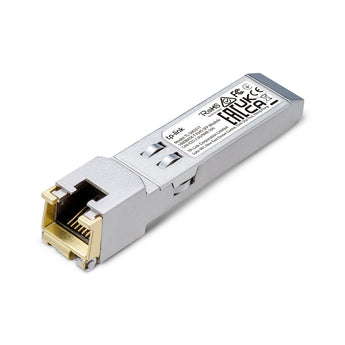 TP-Link TL-SM331T, a metal-cased 1000BASE-T RJ45 SFP module, connecting SFP interface to copper Gigabit Ethernet port for up to 100m.