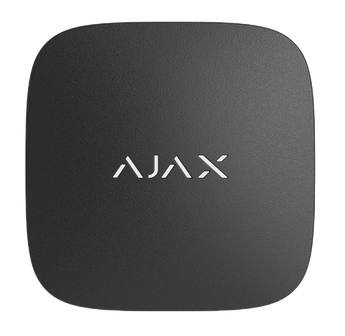 Black AJAX LifeQuality wireless smart air quality monitor displaying temperature, humidity, and CO2 readings.