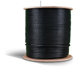 Black Acconet CAT6 UV-protected Ethernet cable roll, 500m, solid copper SF/TP, designed for outdoor network installations.