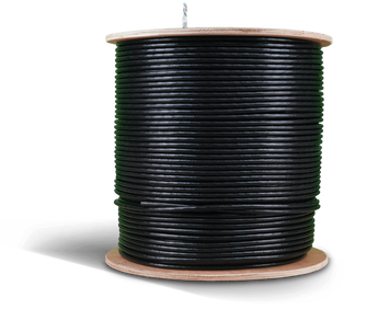 Black Acconet CAT6 UV-protected Ethernet cable roll, 500m, solid copper SF/TP, designed for outdoor network installations.