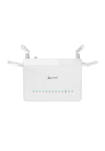 Acconet WiFi 5 xPON ONU/ONT with 4 Gigabit LAN ports and two external antennas, ideal for fibre internet and EasyMesh networks.