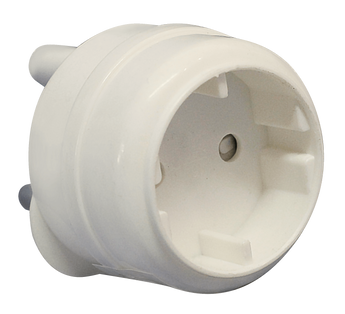 Acconet Schuko to South Africa plug adapter. Converts European Schuko sockets for use in South African outlets. Black rectangular shape.