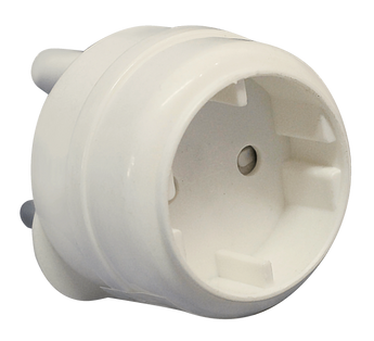 Acconet Schuko to South Africa plug adapter. Converts European Schuko sockets for use in South African outlets. Black rectangular shape.