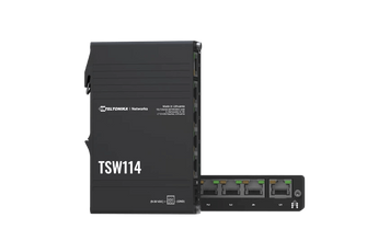 Teltonika TSW114, a compact 5-port Gigabit Ethernet switch with DIN rail bracket for industrial network applications.