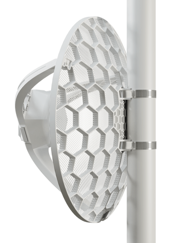 MikroTik LHGG LTE CAT 6 outdoor CPE unit mounted on a pole, providing long-range wireless internet access.