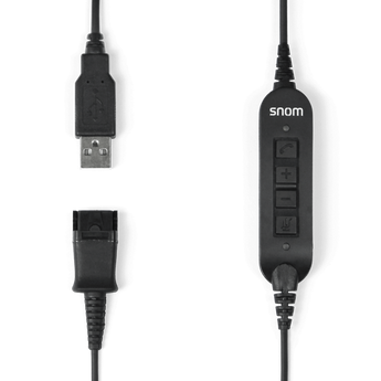 Snom ACUSB adapter with quick release for A100M/A100D headsets. Features integrated call control and volume buttons for easy use.
