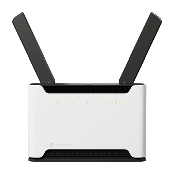 MikroTik Chateau LTE6 ax: a white wireless router with antennas, featuring AX1800 Wi-Fi and a 2.5G Ethernet port for superior connectivity.