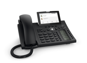 Snom D385 desktop SIP phone with a high-resolution color display, multiple lines, and USB port. No power supply included.