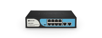 BDCOM S1200-8P2G 8-Port PoE switch. Desktop/rack-mountable, with 8x 100M PoE ports and 2x Gigabit RJ45 uplinks. Provides 90W PoE power.