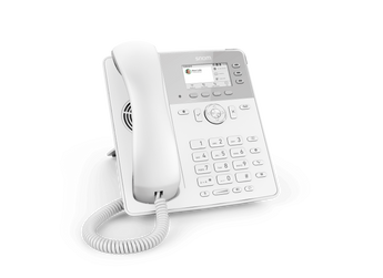 Snom D717 white desktop SIP phone with 6 lines, color TFT display, and USB port. Used for VoIP communication.