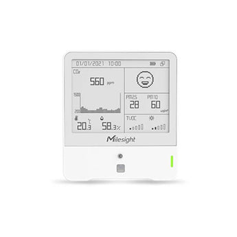 Milesight MLS-SNSR-8IN1 sensor measuring temperature, humidity, PIR, light, TVOC, CO2, barometric pressure, and PM2.5/10 for indoor air quality.