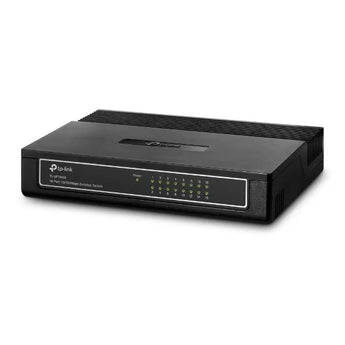 TP-Link TL-SF1016D: 16-port desktop switch with RJ45 ports, providing fast Ethernet connectivity in a compact, unshielded plastic case.