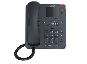 Snom D150 SIP desk phone featuring a 2.8" grayscale LCD, 4 context-sensitive keys, and integrated gigabit switch with PoE.