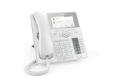 White Snom D785 IP phone with a 4.3" color display, showing 12 line keys for easy call management. Designed for desk use.