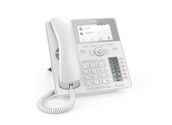 White Snom D785 IP phone with a 4.3" color display, showing 12 line keys for easy call management. Designed for desk use.