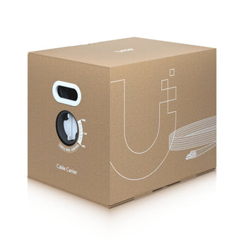 Black, 305m spool of Ubiquiti UISP TOUGHCable Carrier Cat5e shielded Ethernet cable for outdoor networking, providing gigabit speeds.