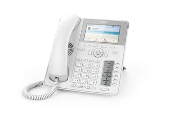 White Snom D785 IP phone with a 4.3" color display, showing 12 line keys for easy call management. Designed for desk use.