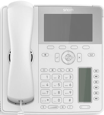 White Snom D785 IP phone with a 4.3" color display, showing 12 line keys for easy call management. Designed for desk use.