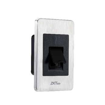 ZKTeco FR1500-S fingerprint reader; stainless steel front, flush mount, IP65 rated for weatherproof outdoor access control.
