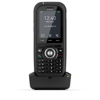 Snom M80 ruggedized DECT phone with charging base. Black handset with color LCD, ideal for tough environments. Wireless communication.