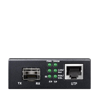 Cudy MC220 Gigabit Ethernet Media Converter. Converts RJ45 copper to SFP fiber optic, featuring diagnostic LEDs and hot-swappable ports.