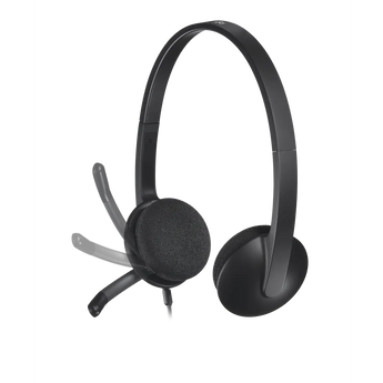 Logitech H340 USB headset with noise-canceling microphone for clear communication.