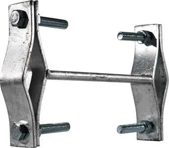Mast offset bracket with 200mm extension, silver metal, designed to mount poles ranging from 25.2mm to 50.8mm.