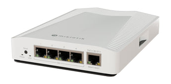 MikroTik CRS304-4XG-IN. Compact switch with four 10Gbps ports and PoE input. Used for high-speed network connectivity and management.