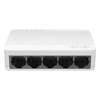Tenda S105 5-Port Fast Ethernet Switch, a small white desktop switch with five RJ45 ports for easy network connectivity.
