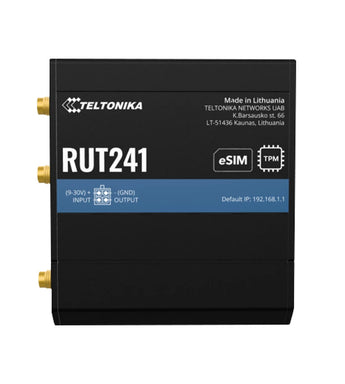 Teltonika RUT241 eSIM router: compact industrial 4G LTE WiFi IoT router with VPN, dual Ethernet ports, and multiple eSIM profiles.