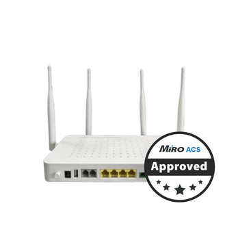 BDCOM GPON ONU/ONT with 802.11ac Wi-Fi, four Gigabit LAN ports, and two POTS ports for voice connectivity.